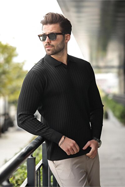 Madmext Polo Neck Striped Black Sweater - Long Sleeve 7239