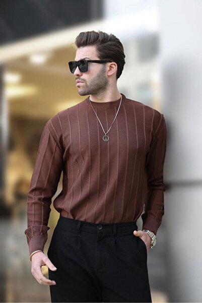 Madmext 7244 Μοντέλο μακρυμάνικο ριγέ πουλόβερ με λαιμόκοψη - Καφέ