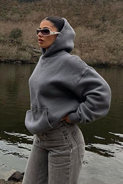 Madmext Oversize Smoked Hooded Sweatshirt - Pocketed, Ribbon Mg2206