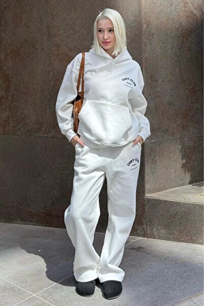 Madmext Ecru Hooded Printed Women's Tracksuit Set Mg2524