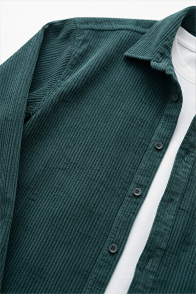A&O Style Ανδρικό πουκάμισο με μακρυμάνικο βελούδο πράσινο βενζίνη oversized