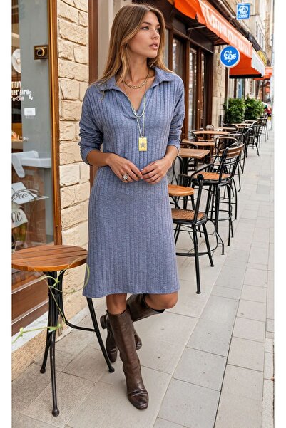 Pasaklı Giyim Kadın Gri Polo Yaka Midi Uzun Kollu Fitilli Spor Triko Elbise O...