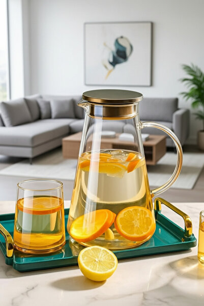 Kezze Borosilikat Cam Sürahi 1800ml Metal Kapaklı Gold
