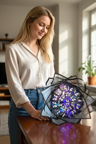 exzone Led Işıklı Kelebek Buketi Siyah Ambalajlı, Dekoratif Konsept Hediye Anneye, Sevgiliye,arkadaşa