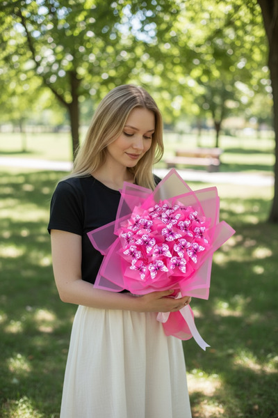 exzone Led Işıklı Pembe Kelebek Buketi Pembe Ambalajlı, Dekoratif Konsept Hediye Anneye, Sevgiliye,arkadaşa