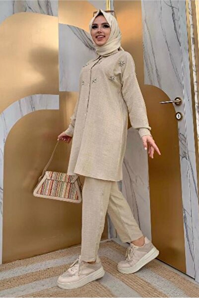 TRENDTESETTÜR Women's Mink Stone-Detail Buttoned Double Pants Suit t 4048