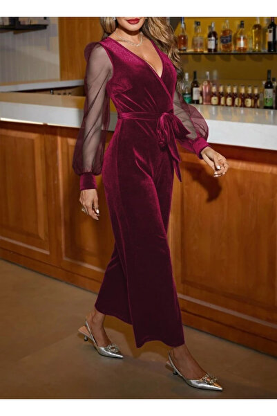 BALCI Mdb Women's Long Sleeve Double-Breasted Collar Waist Belted Velvet Jumpsuit with Tulle Detail