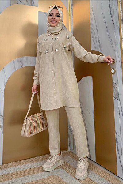 TRENDTESETTÜR Women's Mink Stone-Detail Buttoned Double Pants Suit t 4048