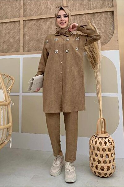 TRENDTESETTÜR Women's Brown Stone-Detail Buttoned Double Pants Suit t 4048