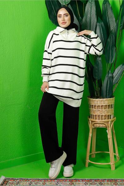 TRENDTESETTÜR KADIN SİYAH ÇİZGİLİ YAKASI FERMUARLI PANTOLONLU TRİKO TAKIM T 1208