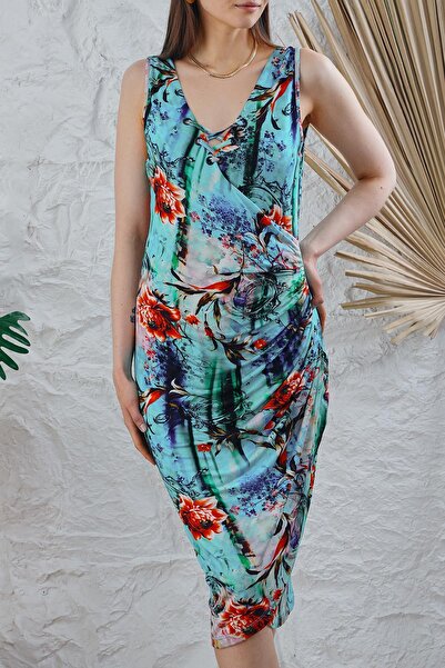 ESPİNA Γυναικείο φόρεμα με διαγώνιο γιακά Bird Eye με λεπτομέρεια μίντι