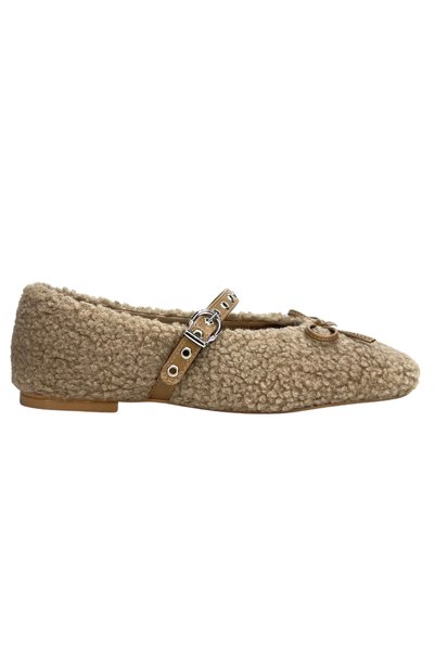 livendi Helsi̇nki̇ Women's Beige Buckle Bow Plush Mary Jane Ballet Flat Shoes