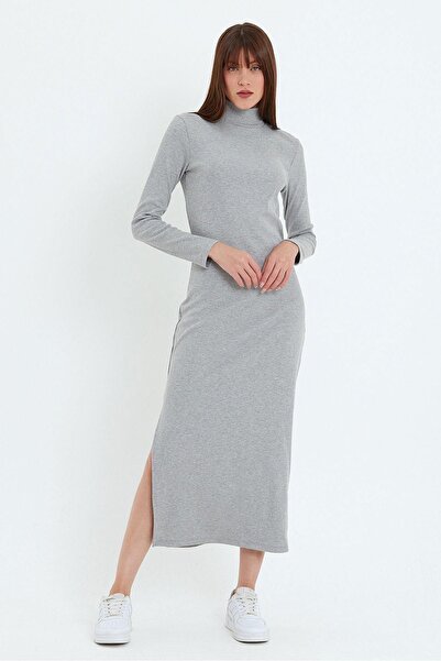 ESPİNA Πλεκτό Μακρύ Φόρεμα Καμιζόλ με σκίσιμο γκρι