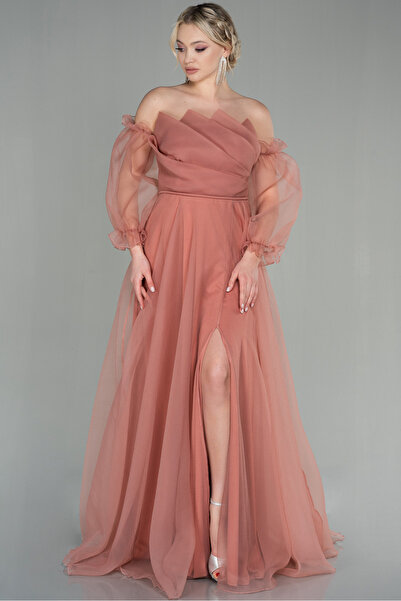 Abiyefon Soğan Kabuğu Uzun Kol Dalya Abiye Elbise Abu2076