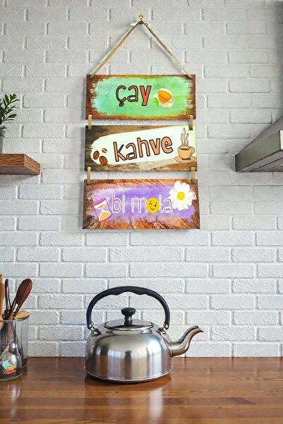 Nod Çay Kahve Mola 3'lü Ipli Mdf Tablo Seti, Ev, Mutfak Cafe, Restoran Ahşap Duvar Süslemesi