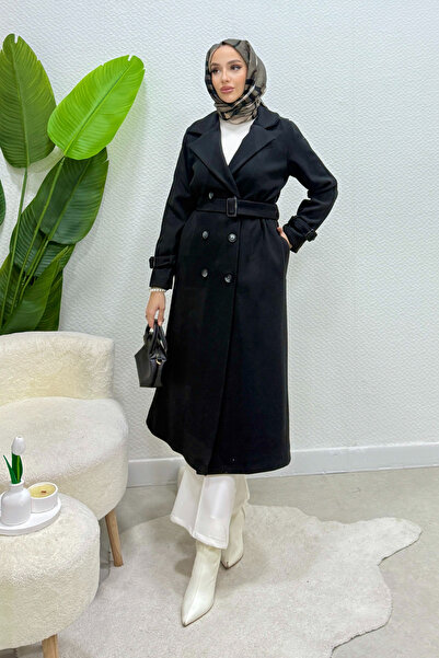 Tesettür Diyarı Maison Astarlı Kemerli Kaşe Скромно палто - Черно