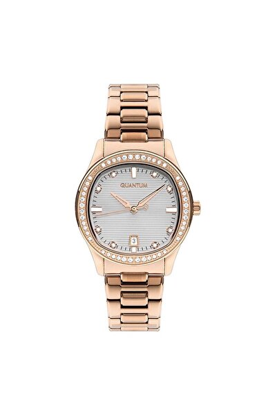 Quantum Stone Detailed Checkered Gold Color Women's Wrist Watch with Bracelet Gift