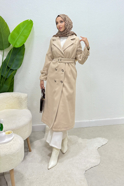 Tesettür Diyarı Maison Palton cu centură și cusături, stil hijab - Bej