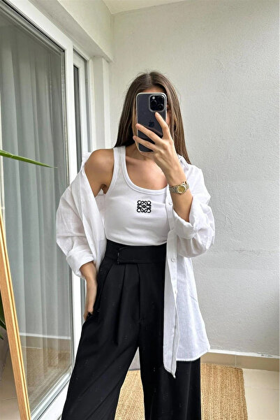 My Blog White-Black Square Embroidered Tank Top