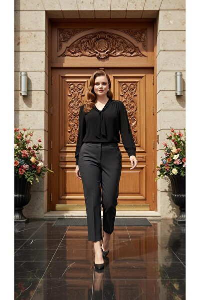 Nidya Moda Kadın Antrasit Gri Paça Nervürlü Kumaş Pantolon