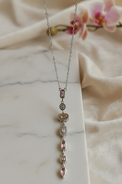 Birmem Kadın Pembe Zirkon Taşlı Geometrik Tasarım Çelik Y Kolye