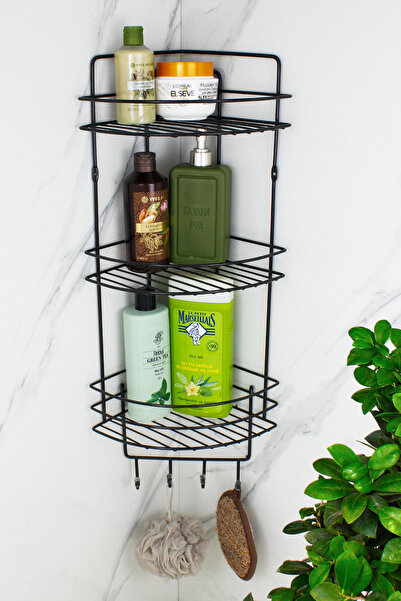 HIMYHOME حامل شامبو ثلاثي من الفولاذ المقاوم للصدأ مع شريط لاصق، منظم زاوية ا...