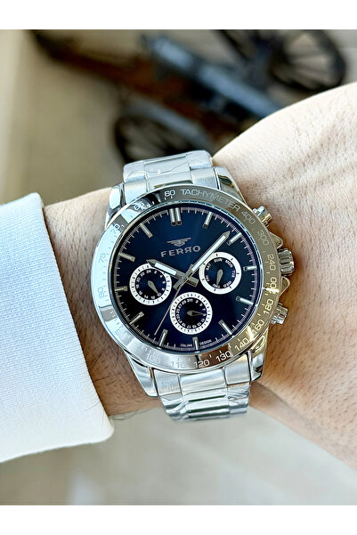 FERRO ساعة يد رجالية بسوار فضي من الفولاذ FM11468AWT-A3 وظائف نشطة 3ATM مقاوم...