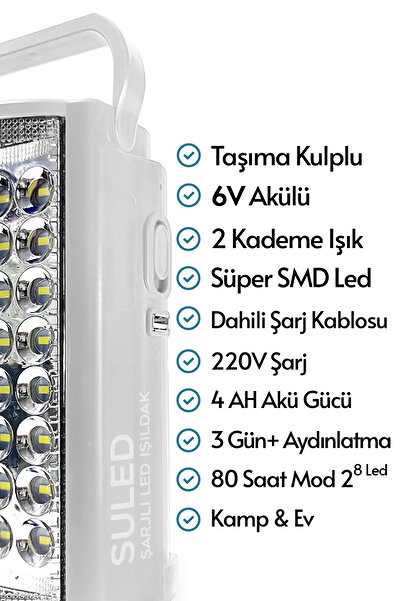 SULED Kamp Lambası Usb Şarj 6v Akülü 80 Saat - 3 gün Aydınlatma 24 Smd Led Işıldak Lamba 220v Şarj