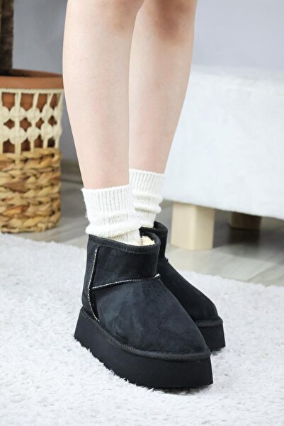 UCC Kadın Pavro Süet İçi Kürklü Kalın Taban ( 4.5 cm ) Mini Kısa Bot siyah