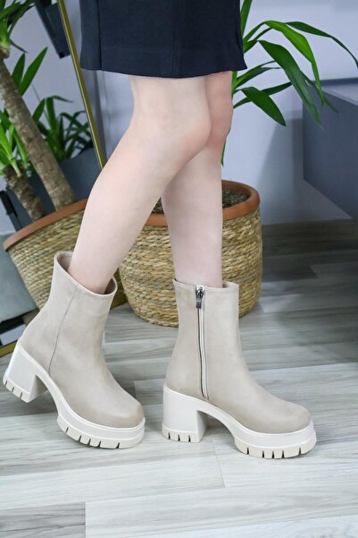 asmi shoes Γυναικεία Μπότα Leysi 8cm με Πλατφόρμα και Φερμουάρ, Μπεζ Σουέτ