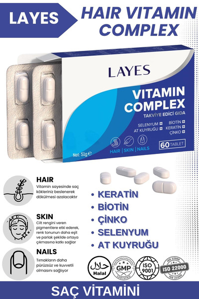 Layes Hair Vitamin Complex 60 Tablet Biotin Keratin Çinko D3 At Kuyruğu Selenyum Folik Asit Saç Vitamini