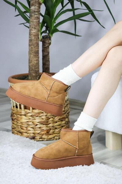 asmi shoes Kadın Pavro Süet İçi Kürklü Kalın Taban ( 4.5 cm ) Mini Kısa Bot kahverengi