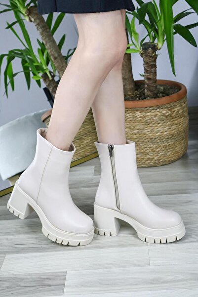 asmi shoes Γυναικείες μπότες Leysi με πλατφόρμα 8cm, τακούνι και φερμουάρ, κρεμ