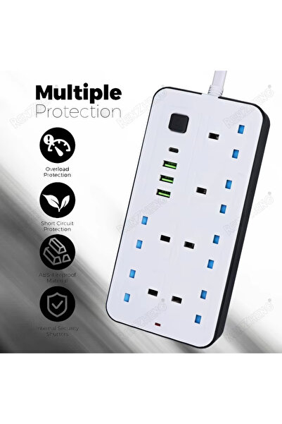 powermax وصلة طاقة 10 في 1 بقدرة 2500 وات مع 6 منافذ تيار متردد، 3 منافذ USB + 1 منفذ PD Type-C، سلك بطول 5 أمتار، أبيض