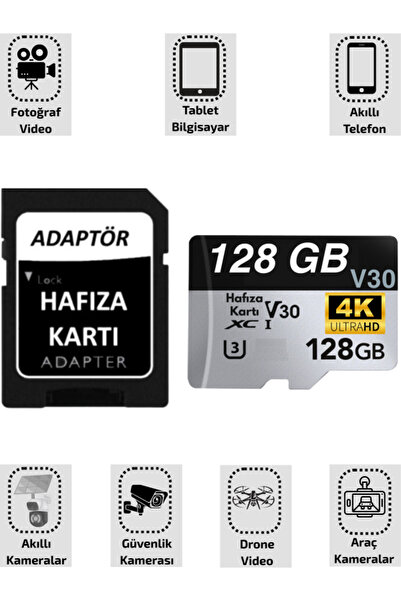 SONREİR 128 GB 100mb/s Class 10 4K Video Kayıt Destekli Hızlı Micro SD Hafıza Kartı + Adaptör Telefon Kamera