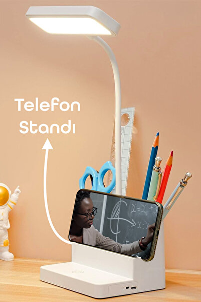 Telvesse Şarjlı Masa Lambası 3 Renkli Işık Ayarlanabilir Telefon Tutuculu Kalemlikli Ders Çalışma Okuma Işığı