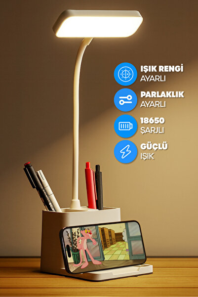 Telvesse Şarjlı Masa Lambası 3 Renkli Işık Ayarlanabilir Telefon Tutuculu Kalemlikli Ders Çalışma Okuma Işığı