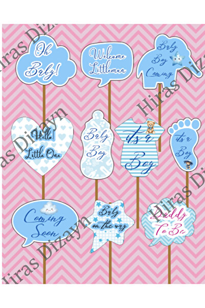 Hiras Dizayn 10'lu Büyük Mavi Erkek Bebek Cinsiyet Partisi Baby Shower Konuşma Balonu Cupcake Pasta Kürdanı Seti