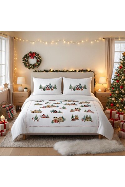 Lenjerii Deosebite Double bed linen Christmas 3D with cabins and trees, 100% cotton ranforce, Cabin