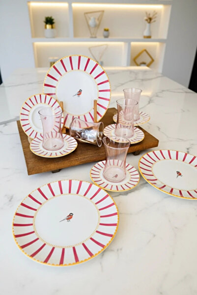 Paşabahçe Modern Kuş Figürlü 6 Parça Porselen Pasta Tatlı Tabağı-Gold Detaylı Sunum Servis Tabağı