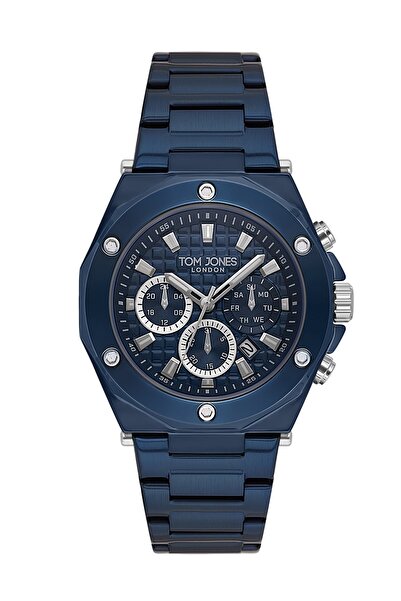 Tom Jones ساعة يد رجالية أصلية مقاومة للماء باللون الأزرق الداكن وسوار فولاذي...