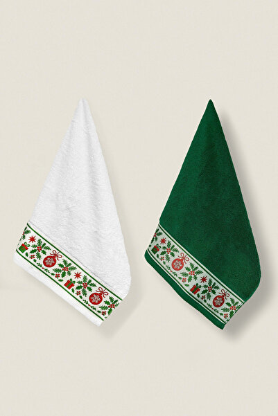 Ellaline 2-Piece Christmas Towels 100% Cotton Christmas Concept Hand, Face and Kitchen Towels White Green 50X90Cm