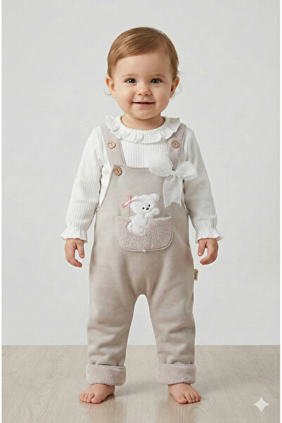 Mini Baray طقم رومبير مطرز على شكل دب للفتيات الرضع (9-12-18 شهرًا)