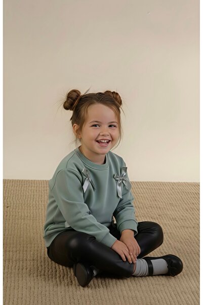 Çıtır Betüş Kids Girl's Leather Leggings with Bow Detail 2-Piece Set