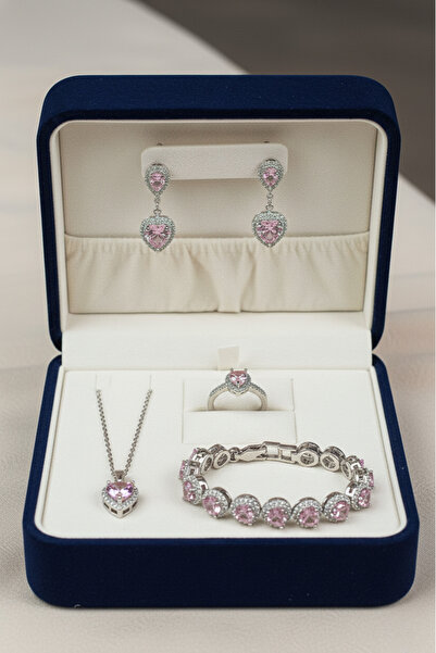 Birmem Kadın Gümüş Rengi Prenses Model Pembe Kristal Kalp Çelik Kolye, Küpe, Bileklik, Yüzük Takı Seti