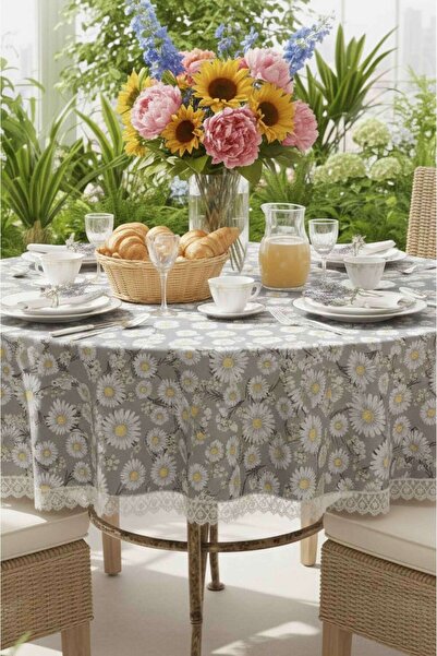 Rona Home Luxury Gray Daisy Round Tablecloth Stylish Design Dowry Decorative Coffee Table Tablecloth