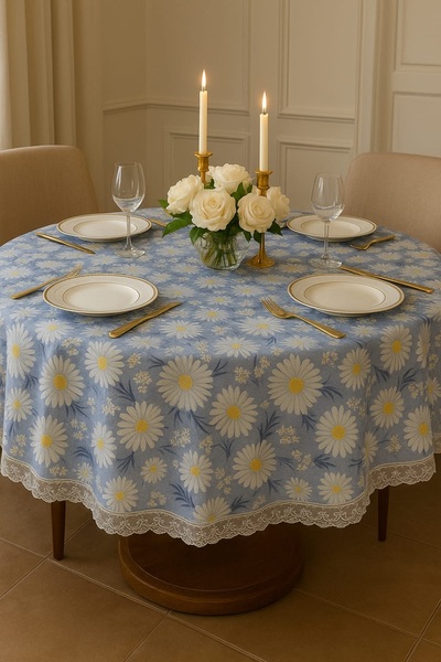 Rona Home Кръгла покривка за маса с мотив маргаритки и дантелена кайма, устой...