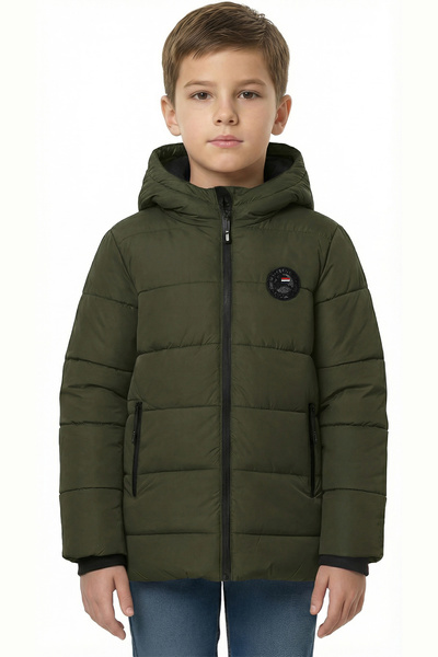 QAWWA Erkek Çocuk Su Ve Rüzgar Geçirmez Içi Kalın Polarlı Haki Kapüşonlu Mont