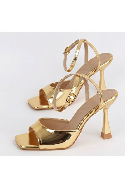 İZCE MODA Sandale cu toc pentru femei de culoare aurie