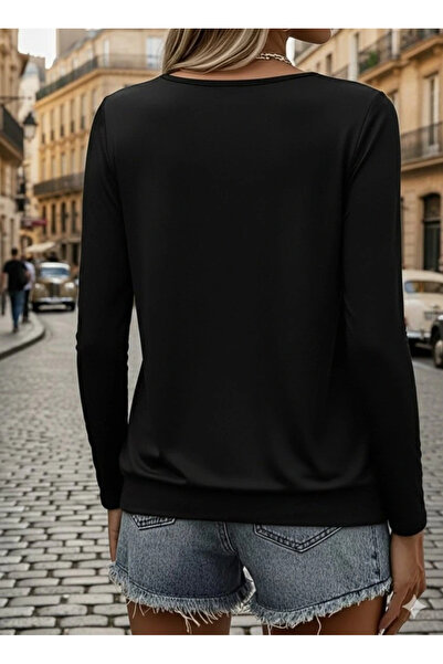 Moda Ebrar Bluză de damă cu mânecă lungă și gât rotund din viscoză